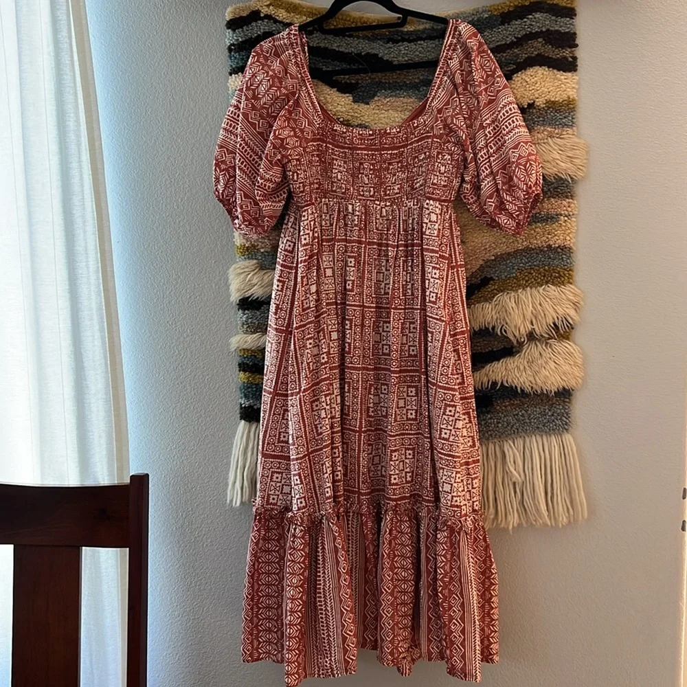 CLEOBELLA Joely Midi Dress Organic Cotton Southwestern Boho Print Rust Copper M - Picture 9 of 13